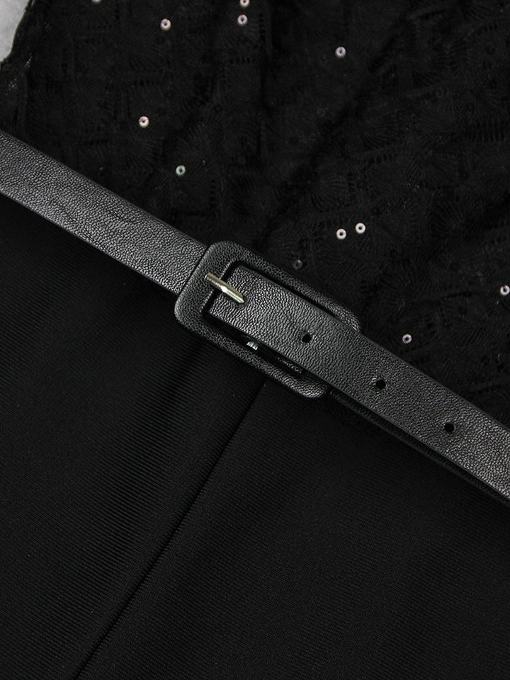 Black Scoop Neck Floor-Length Long Sleeves Evening Pantsuits with Feather & Sequins