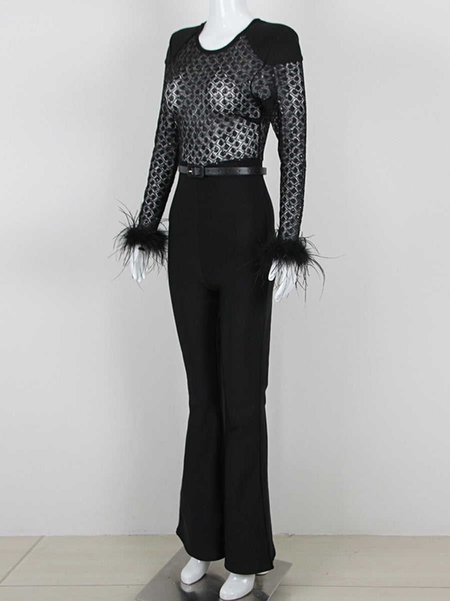 Black Scoop Neck Floor-Length Long Sleeves Evening Pantsuits with Feather & Sequins