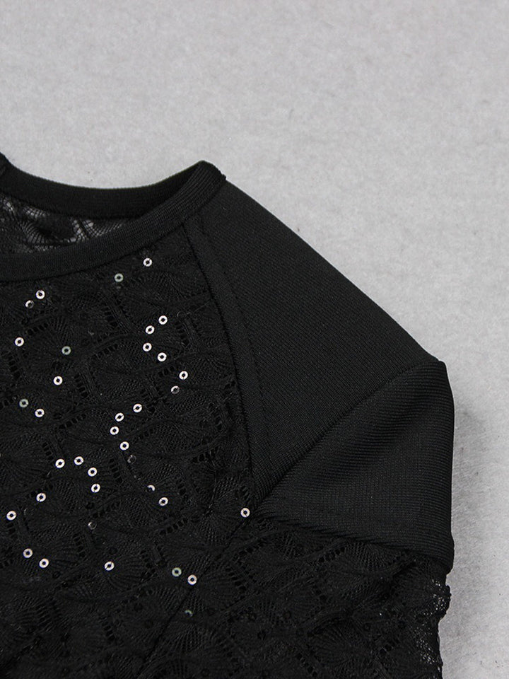 Black Scoop Neck Floor-Length Long Sleeves Evening Pantsuits with Feather & Sequins