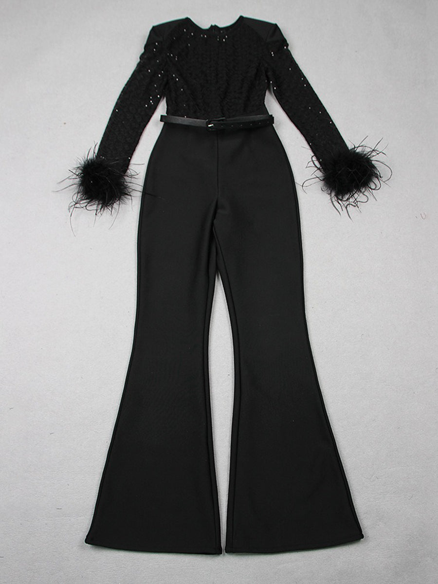 Black Scoop Neck Floor-Length Long Sleeves Evening Pantsuits with Feather & Sequins