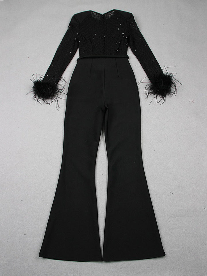 Black Scoop Neck Floor-Length Long Sleeves Evening Pantsuits with Feather & Sequins