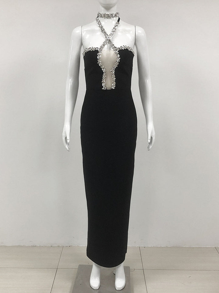 Trumpet/Mermaid Halter Sleeveless Rhinestone Long Elegant Evening Dresses with Cut-out