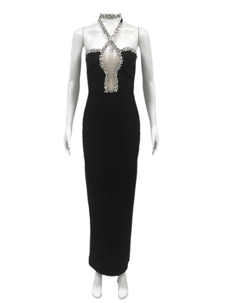 Trumpet/Mermaid Halter Sleeveless Rhinestone Long Elegant Evening Dresses with Cut-out