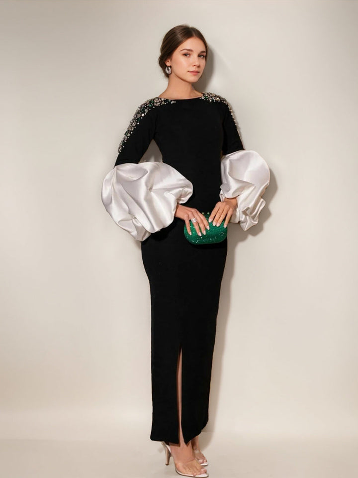 Sheath/Column Boat Neck Long Sleeves Elegant Evening Dresses with Rhinestones & Ruffles