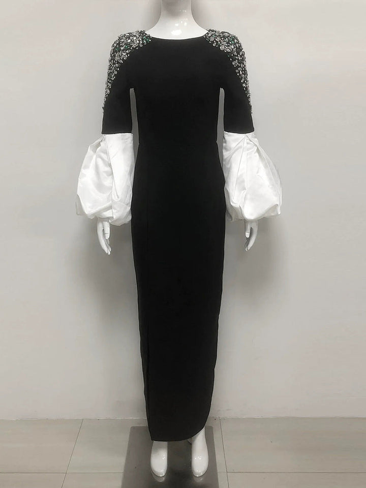 Sheath/Column Boat Neck Long Sleeves Elegant Evening Dresses with Rhinestones & Ruffles