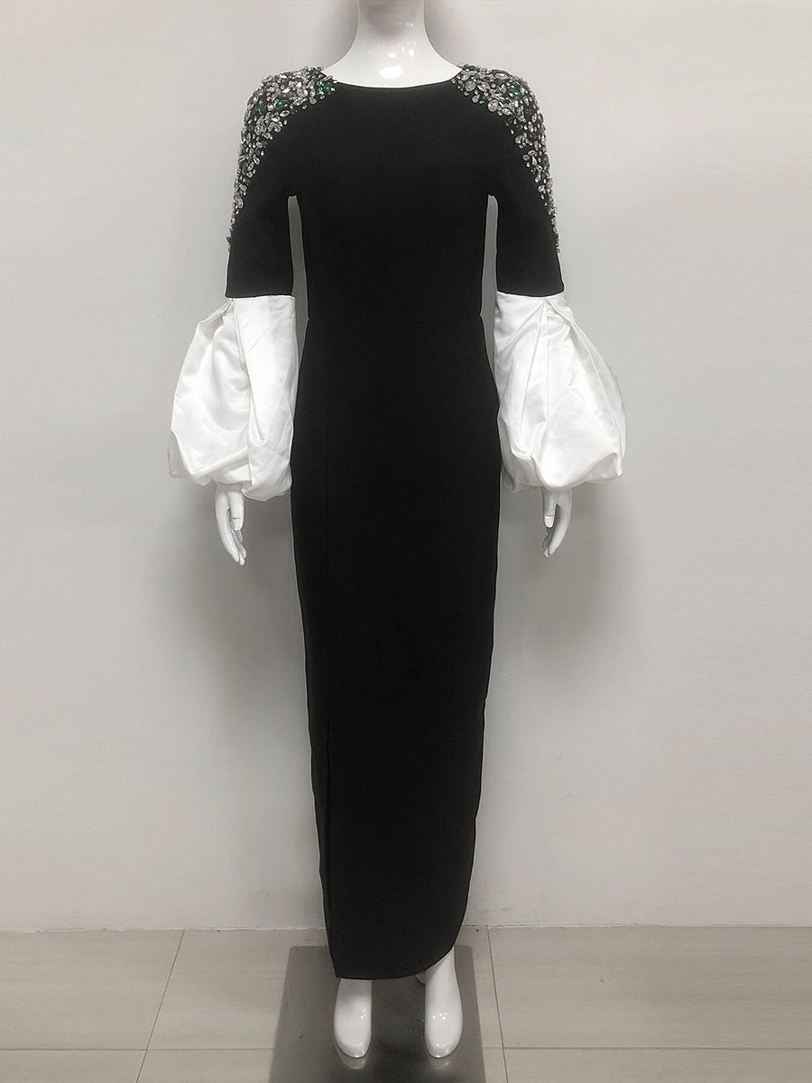 Sheath/Column Boat Neck Long Sleeves Elegant Evening Dresses with Rhinestones & Ruffles