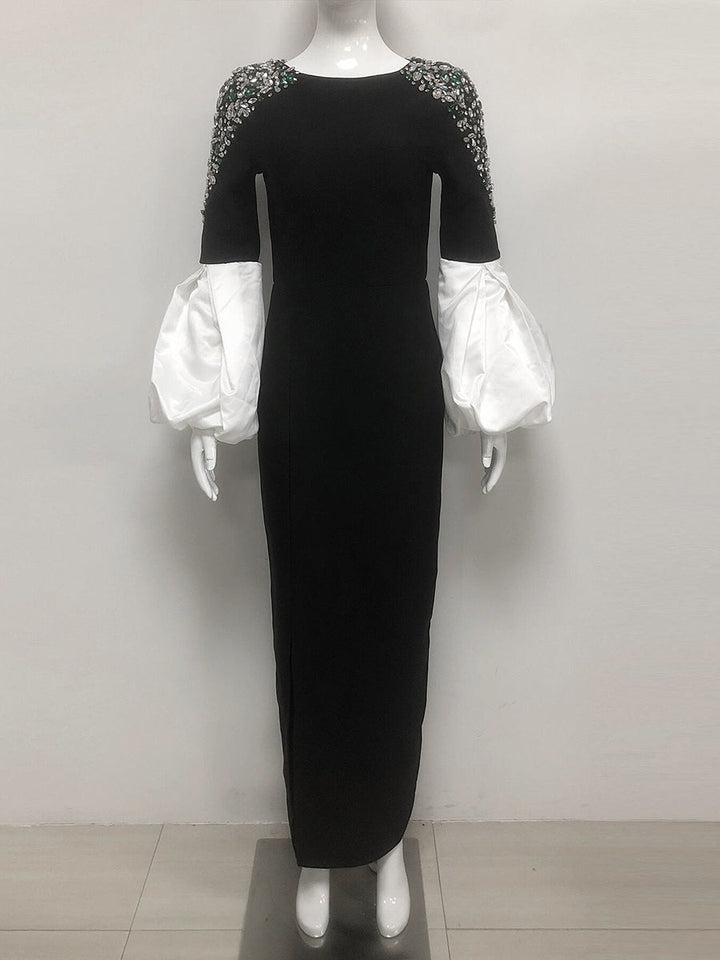 Sheath/Column Boat Neck Long Sleeves Elegant Evening Dresses with Rhinestones & Ruffles