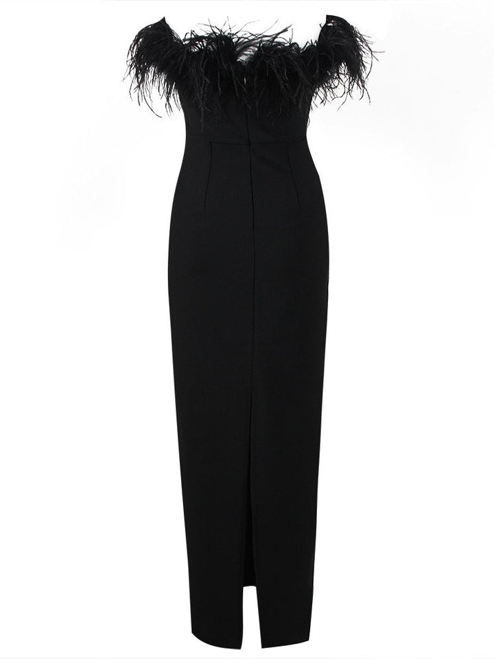 Sheath/Column Strapless Sleeveless Ankle-Length Evening Dresses with Slit & Feathers