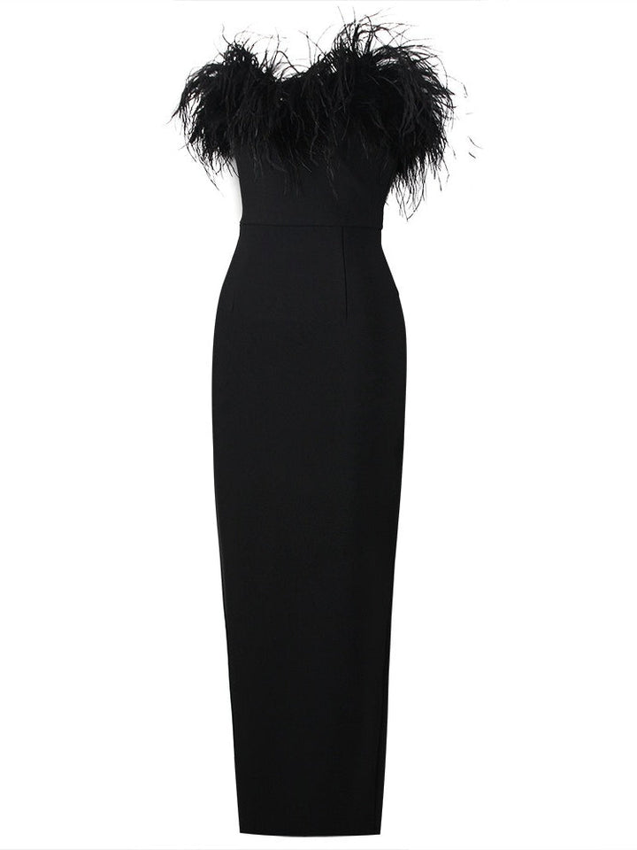 Sheath/Column Strapless Sleeveless Ankle-Length Evening Dresses with Slit & Feathers