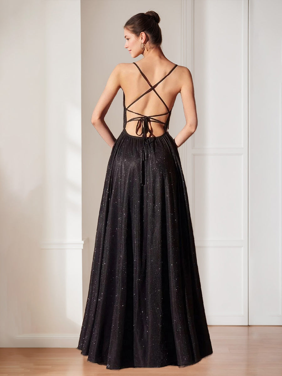 A-Line/Princess Spaghetti Straps Sparkling Evening Dresses with Pockets & Pleats