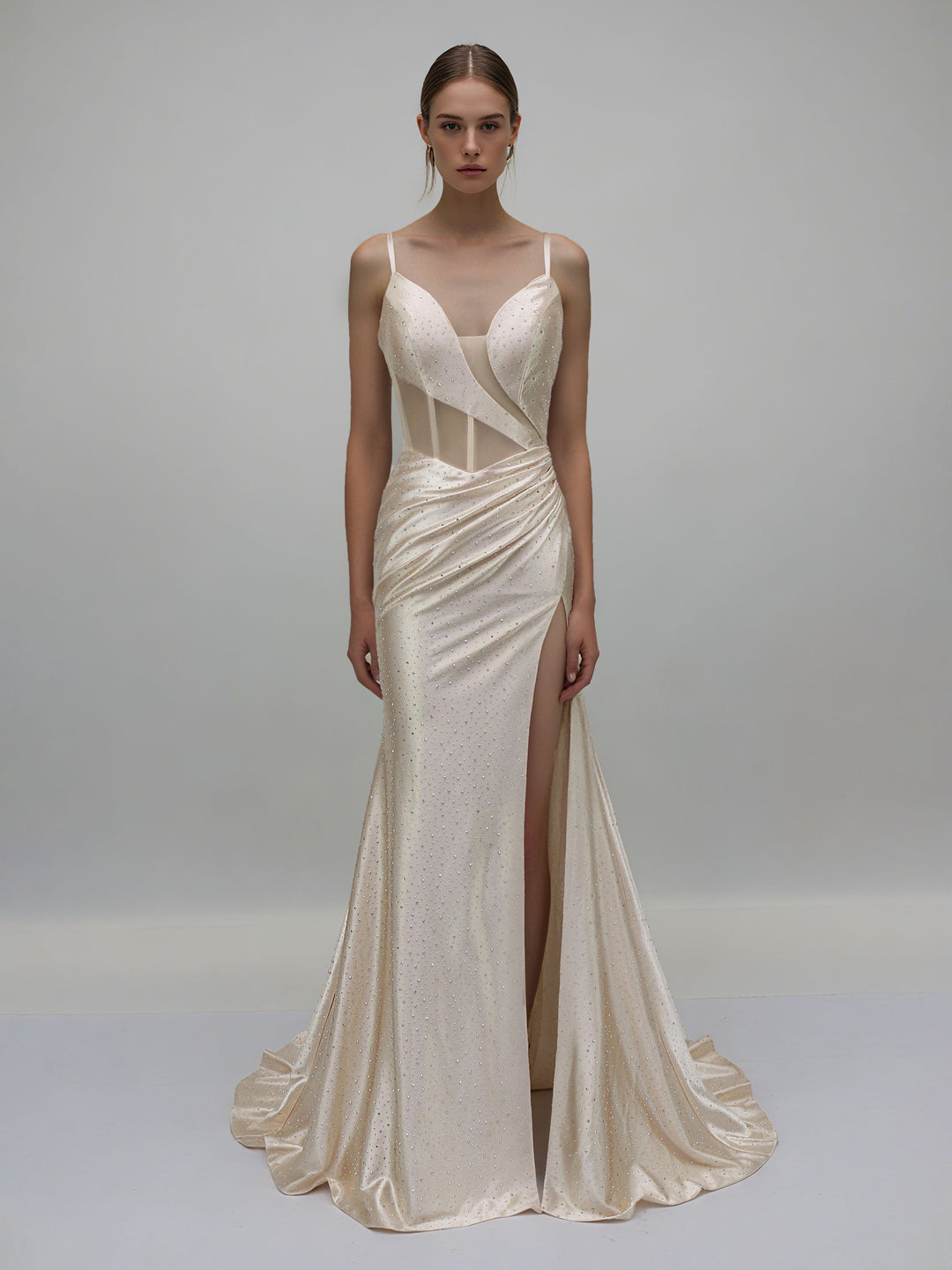 A-Line/Princess Spaghetti Straps Sweep Train Ruched Evening Dresses with Side Slit & Rhinestones