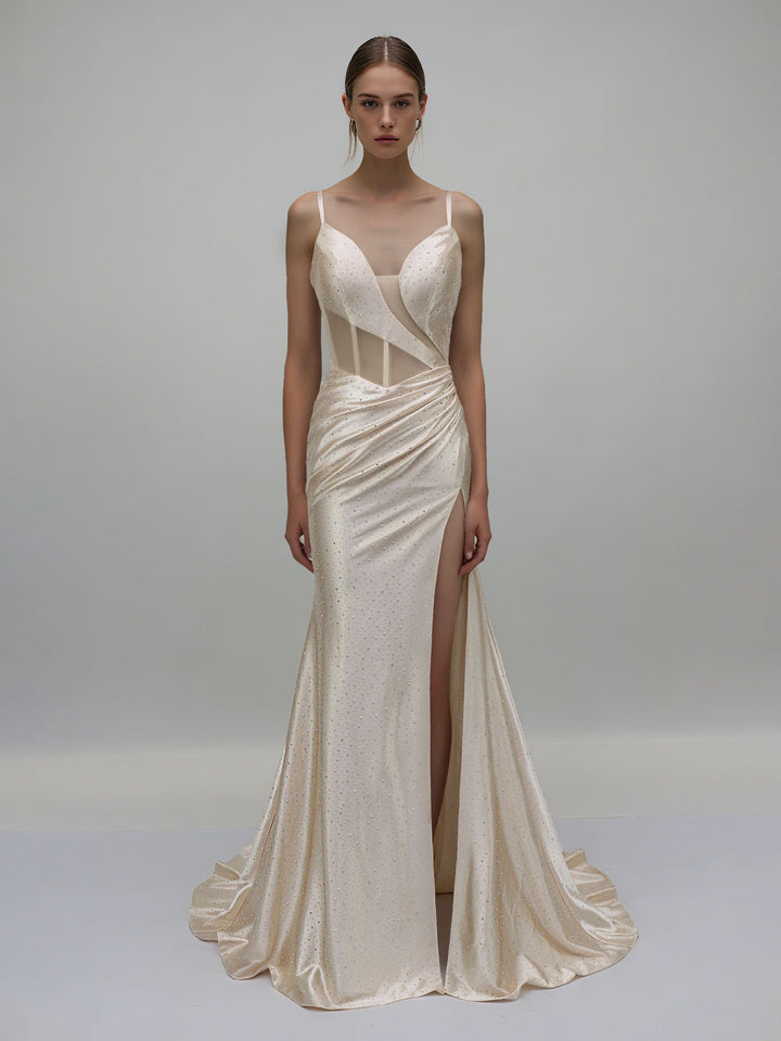 A-Line/Princess Spaghetti Straps Sweep Train Ruched Evening Dresses with Side Slit & Rhinestones