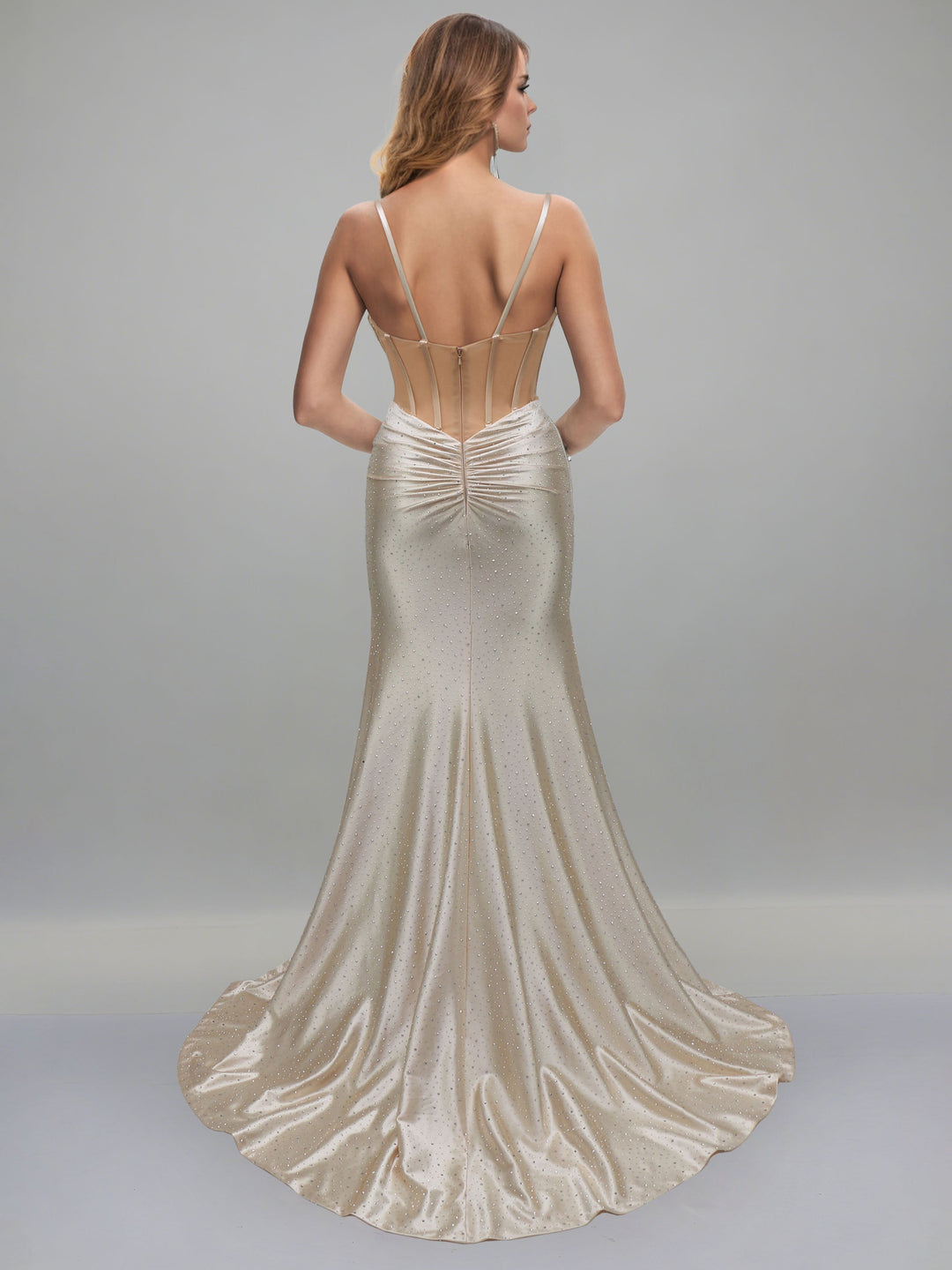 A-Line/Princess Spaghetti Straps Sweep Train Ruched Evening Dresses with Side Slit & Rhinestones