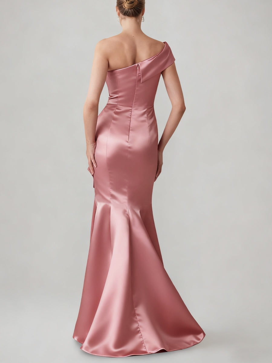 Trumpet/Mermaid One-Shoulder Ruched Evening Dresses with Bowknot Floor-Length Satin Party Dresses