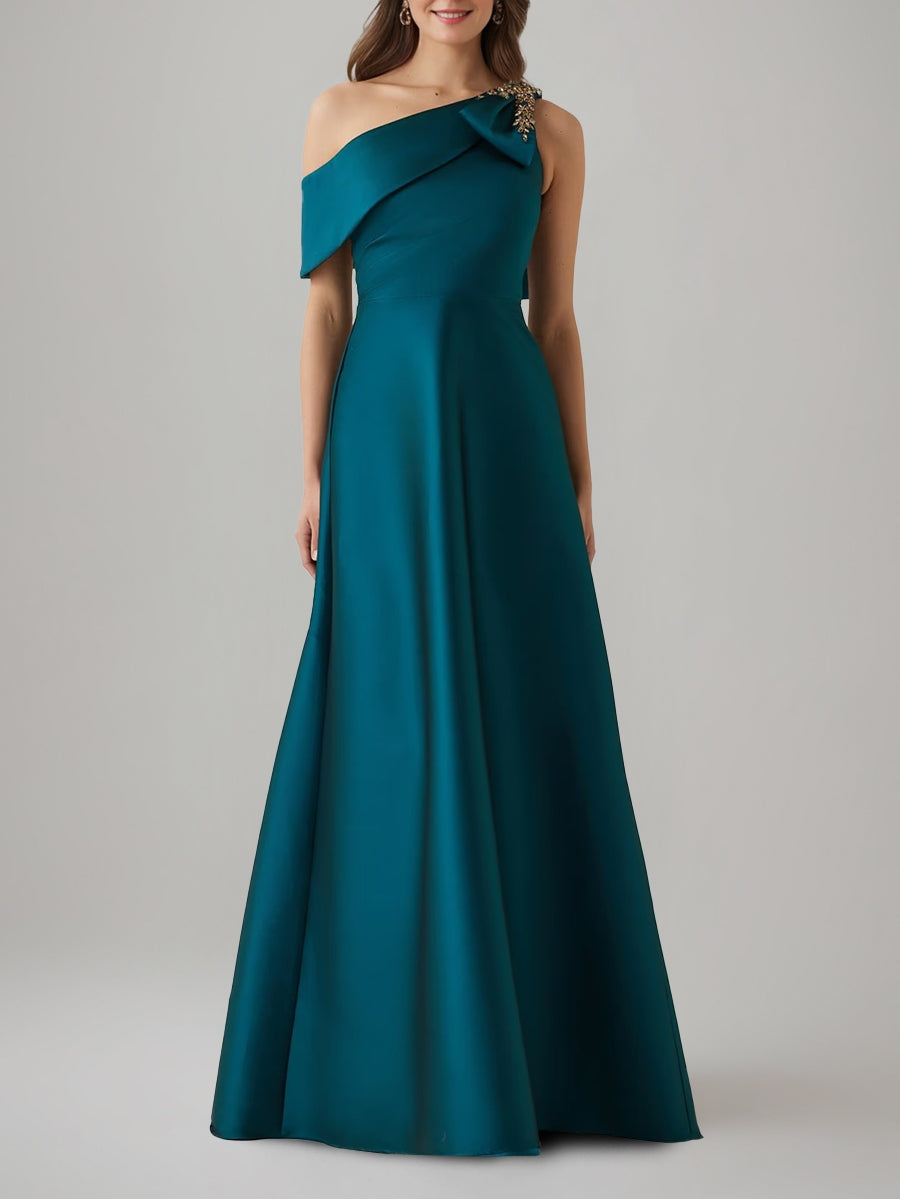 A-Line/Princess One-Shoulder Evening Dresses Floor-Length Satin Party Dresses with Jewel bow