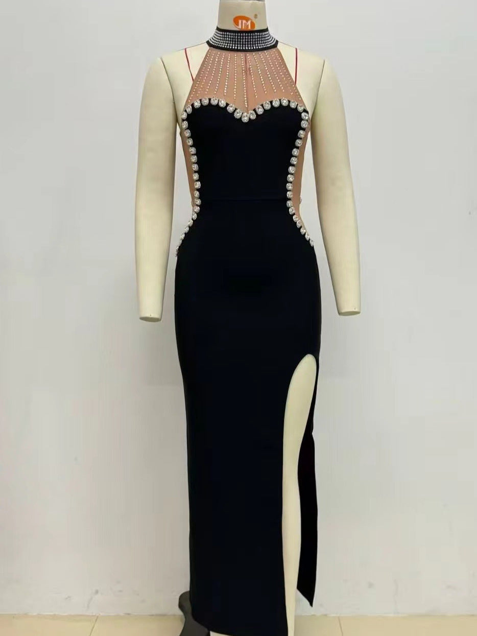 Sheath/Column Halter Evening Dresses Sleeveless Party Dresses Floor-Length Stretch Satin With Split Side