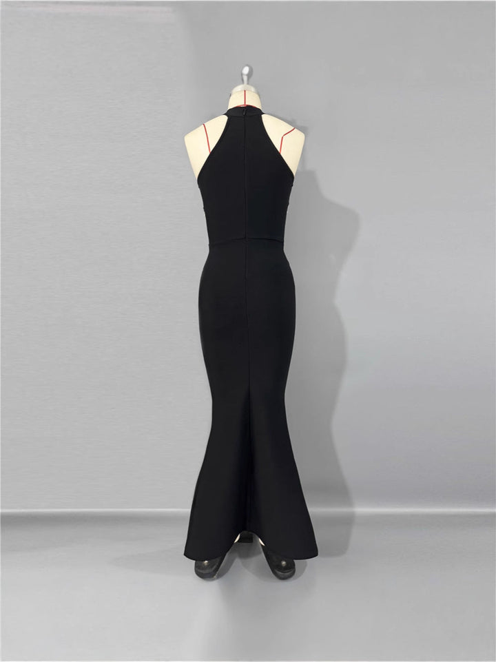 Sheath/Column Halter Floor-Length  Evening Dresses Sleeveless Party Dresses Beading Stretch Satin