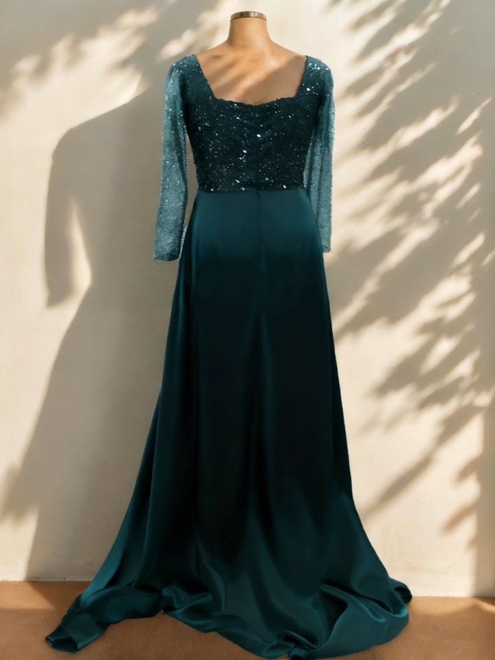 Sheath/Column Square Collar Long Sleeves Sequins Evening Dresses Satin Party Dresses With Split Front