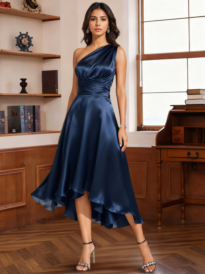 A-Line/Princess Halter One Shoulder V-Neck Wedding Guest Dresses Convertible Asymmetrical Stretch Satin With Pleated