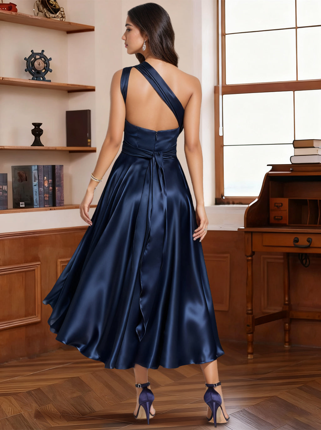 A-Line/Princess Halter One Shoulder V-Neck Wedding Guest Dresses Convertible Asymmetrical Stretch Satin With Pleated