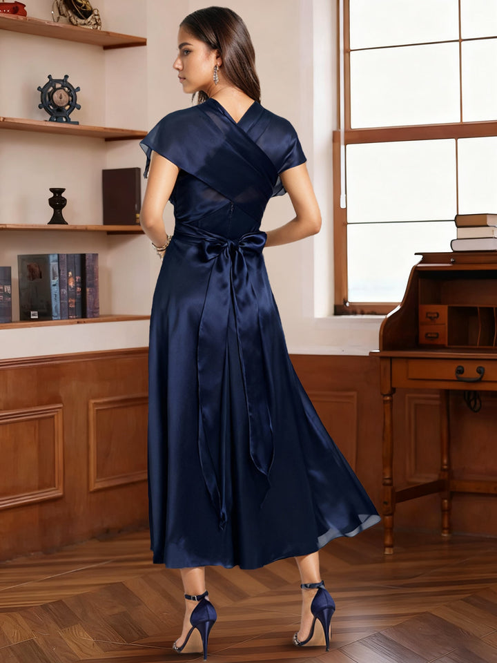 A-Line/Princess Halter One Shoulder V-Neck Wedding Guest Dresses Convertible Asymmetrical Stretch Satin With Pleated