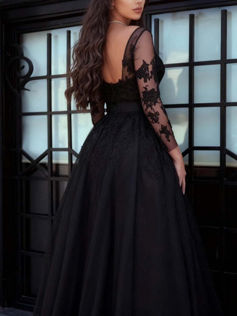 A-Line/Princess Tulle Long Sleeves Evening Dresses Floor-length with Lace Party Dresses Split Front