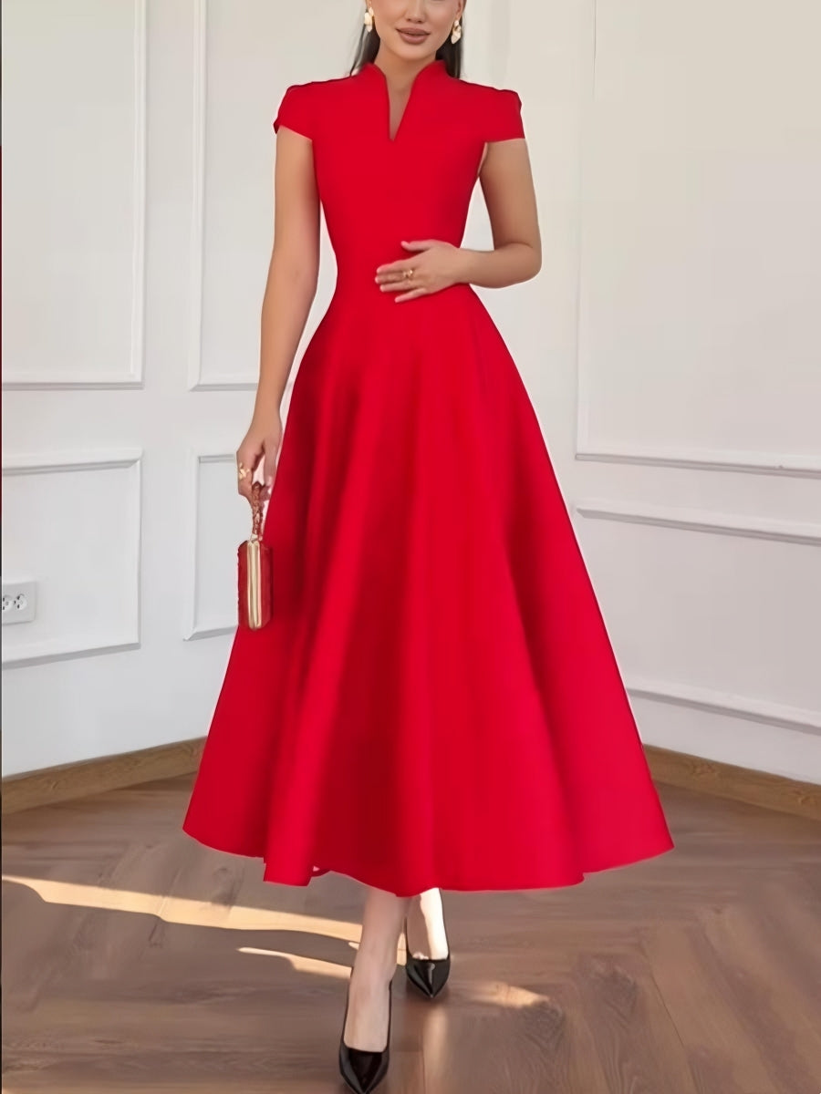 A-Line/Princess Short Sleeves Wedding Guest Dresses Tea-Length V-Neck