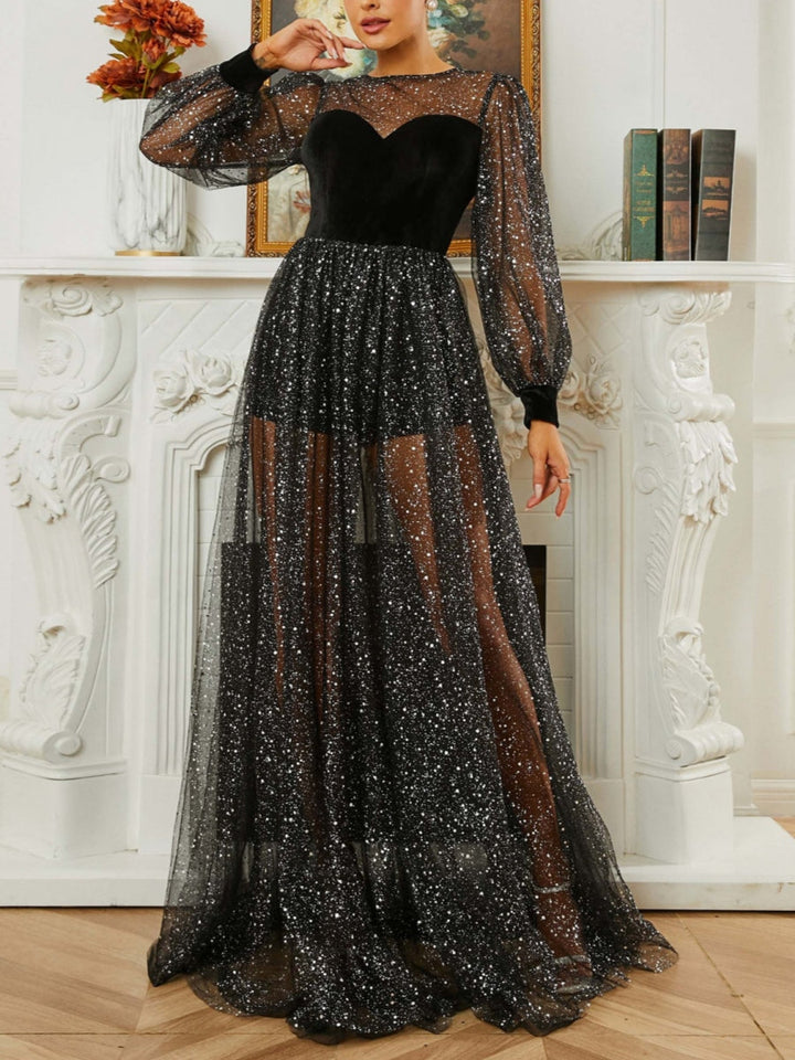 A-Line/Princess Scoop Evening Dresses Sequins Floor-Length Long Sleeves Sheer Party Dresses