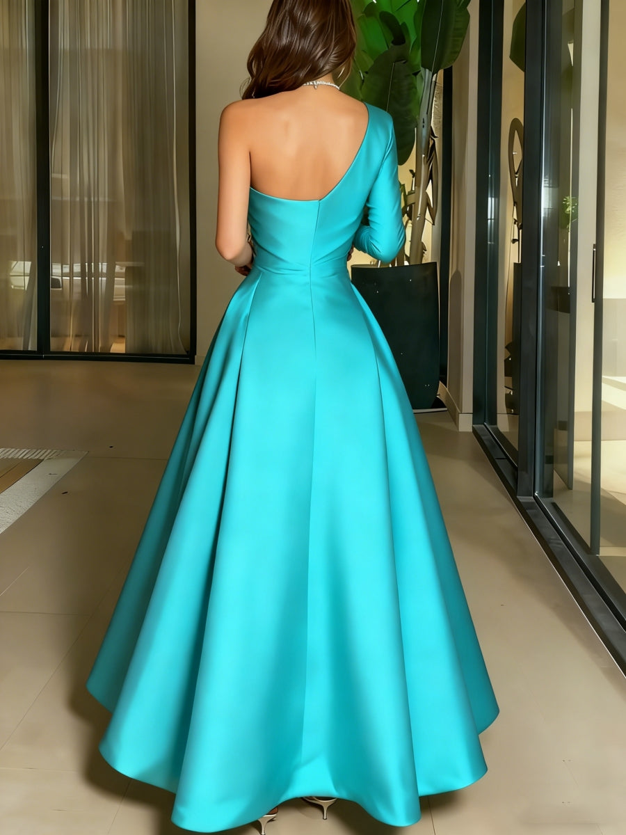A-Line/Princess Satin One-Shoulder Cocktail Dresses Long Sleeves Pleated Ankle-Length Evening Dress Formal Dress