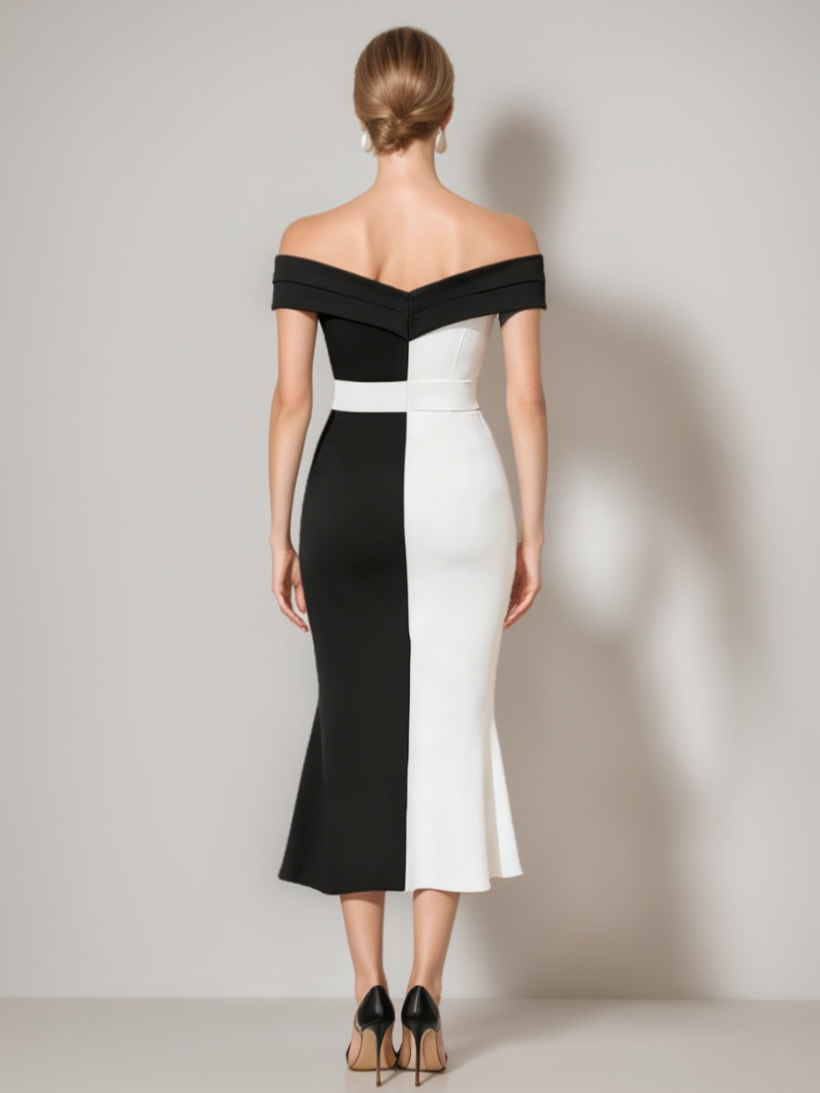 Sheath/Column Off-the-Shoulder Cocktail Dresses Stretch Satin Tea-Length Sleeveless Ruffles Formal Dress