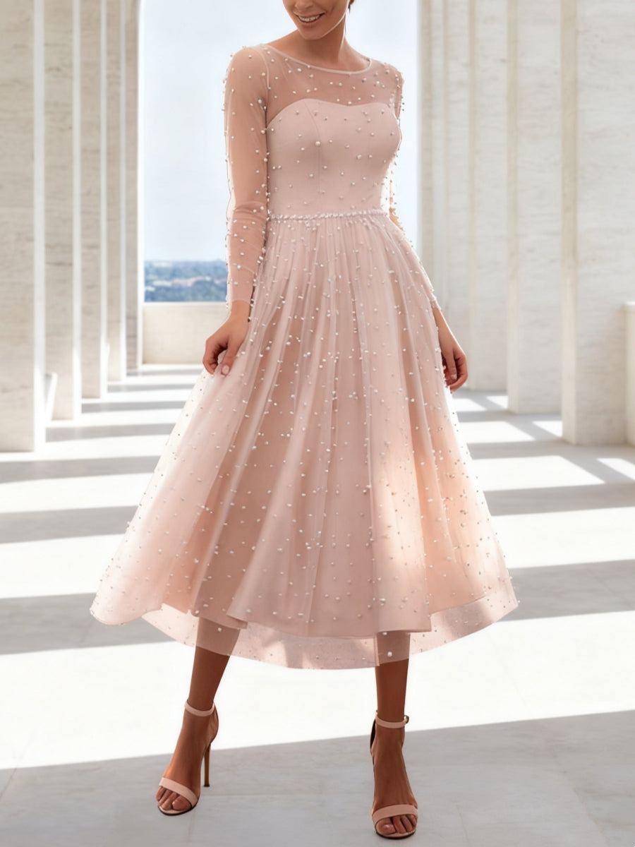 A-Line/Princess Scoop Tulle Cocktail Dresses Beading Long Sleeves Tea-Length Formal Dresses