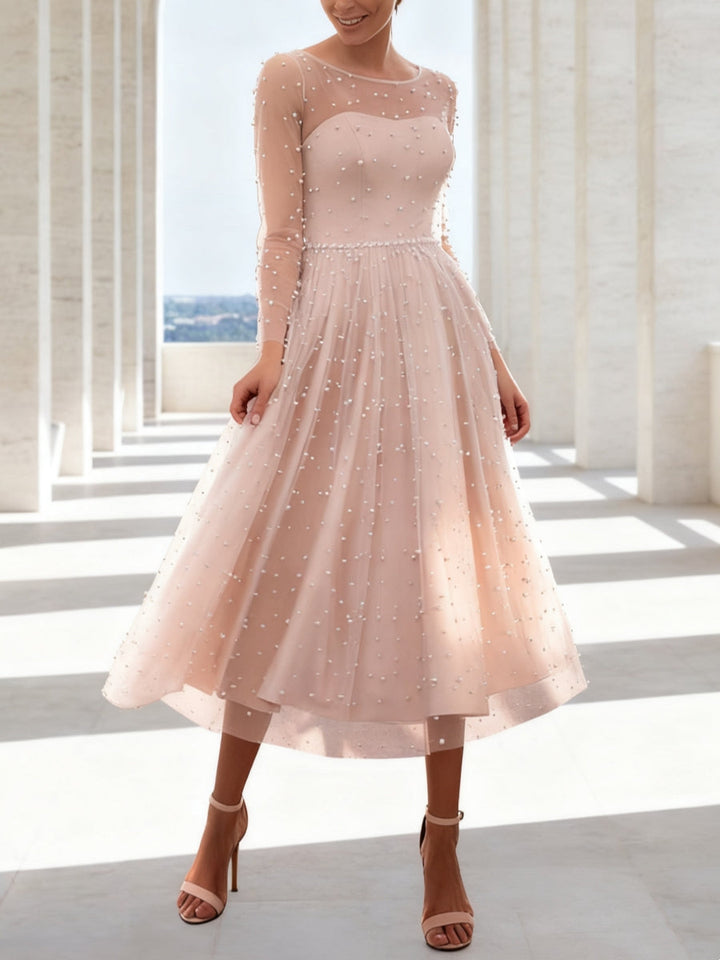 A-Line/Princess Scoop Tulle Cocktail Dresses Beading Long Sleeves Tea-Length Formal Dresses