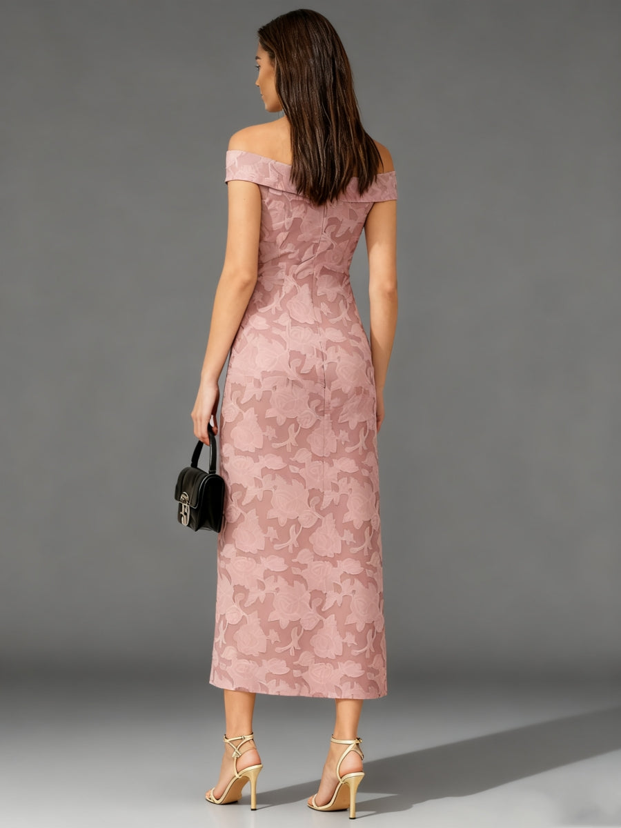 Sheath/Column Off-the-Shoulder Lace Cocktail Dresses Sleeveless Tea-Length Pleats Formal Dresses