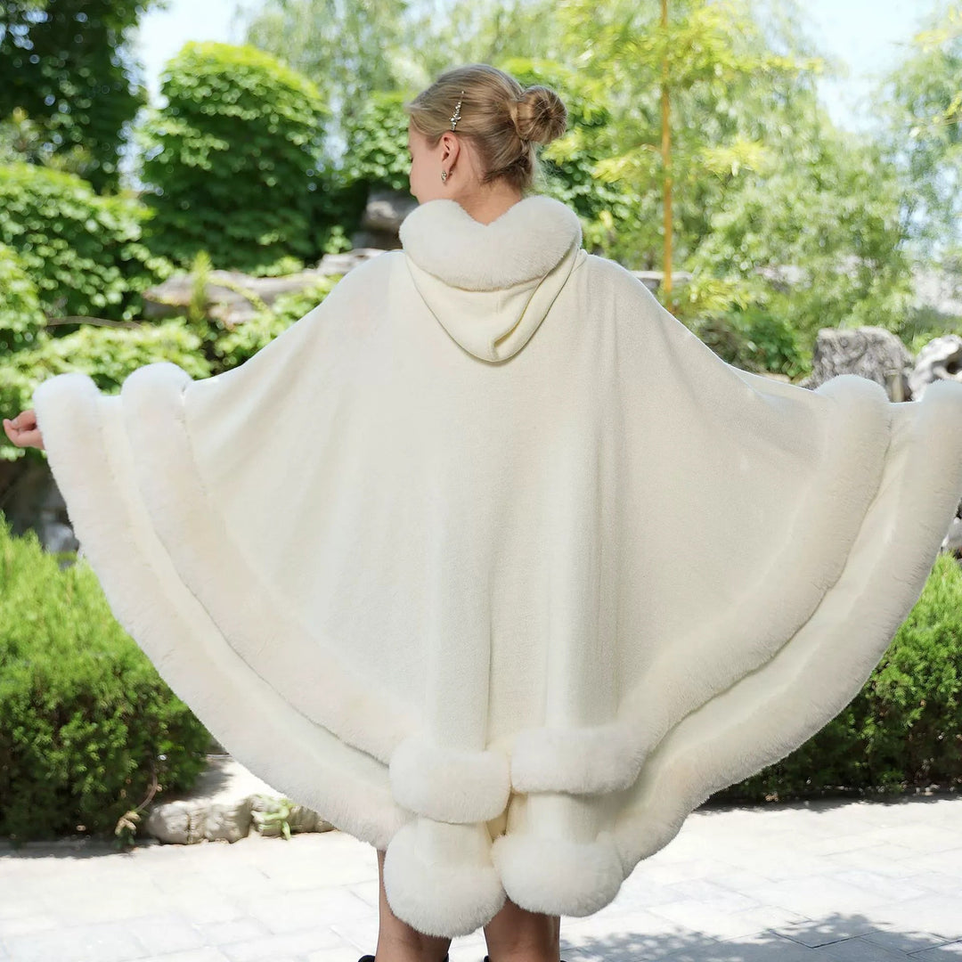 Women鈥檚 Winter Solid Color Faux Fur Knit Cape Shawl/Wrap