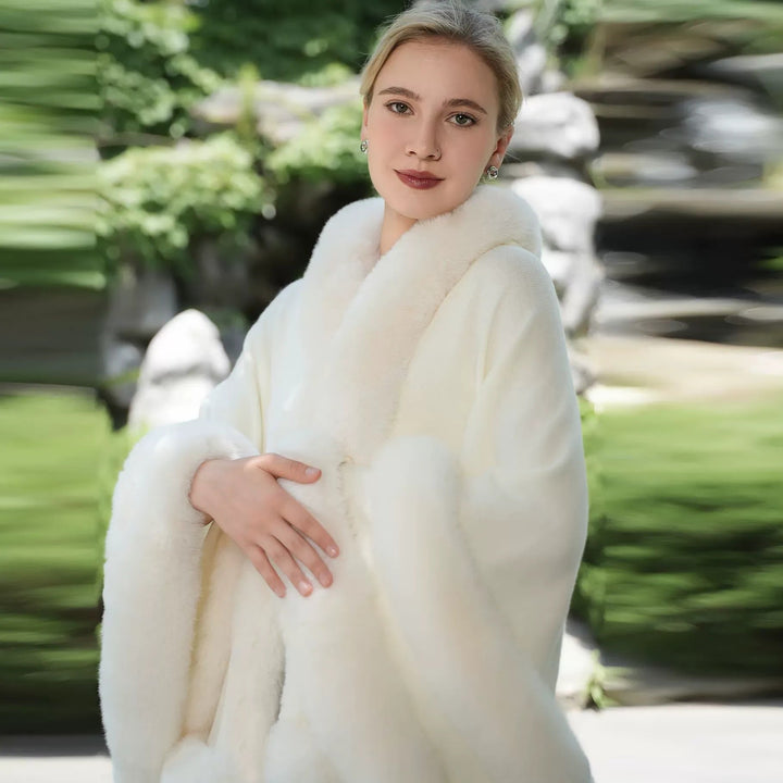 Women鈥檚 Winter Solid Color Faux Fur Knit Cape Shawl/Wrap