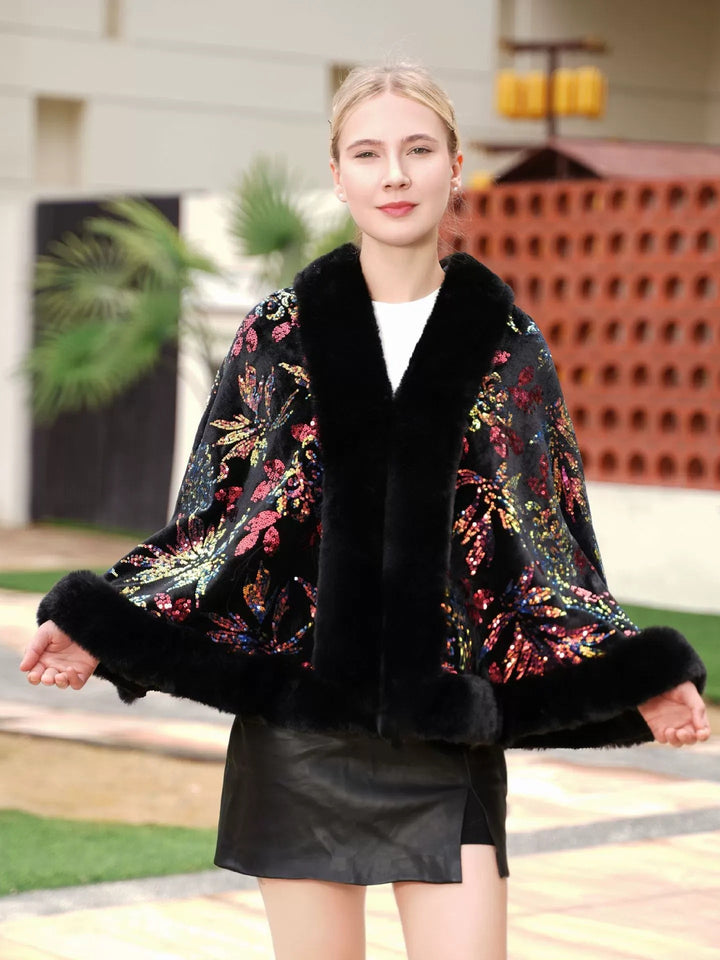 Women鈥檚 Elegant Black Sequin Knit Cape Shawl/Wrap