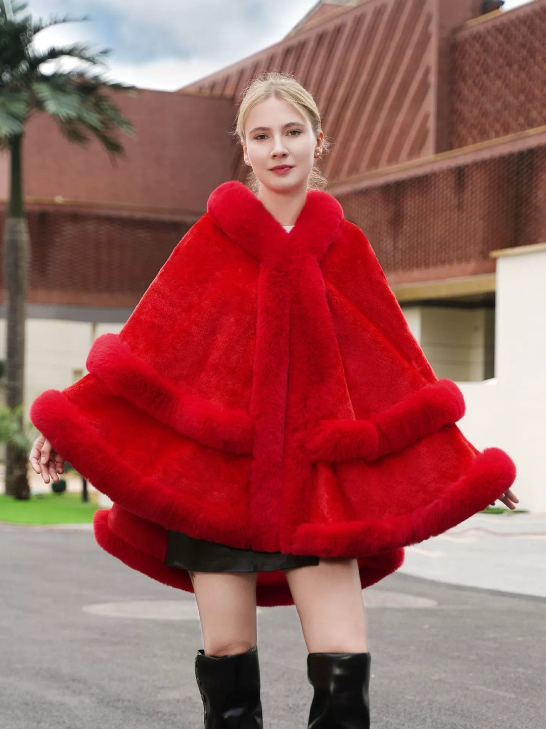 Women鈥檚 Winter Solid Color Faux Fur Red Cape Shawl/Wrap