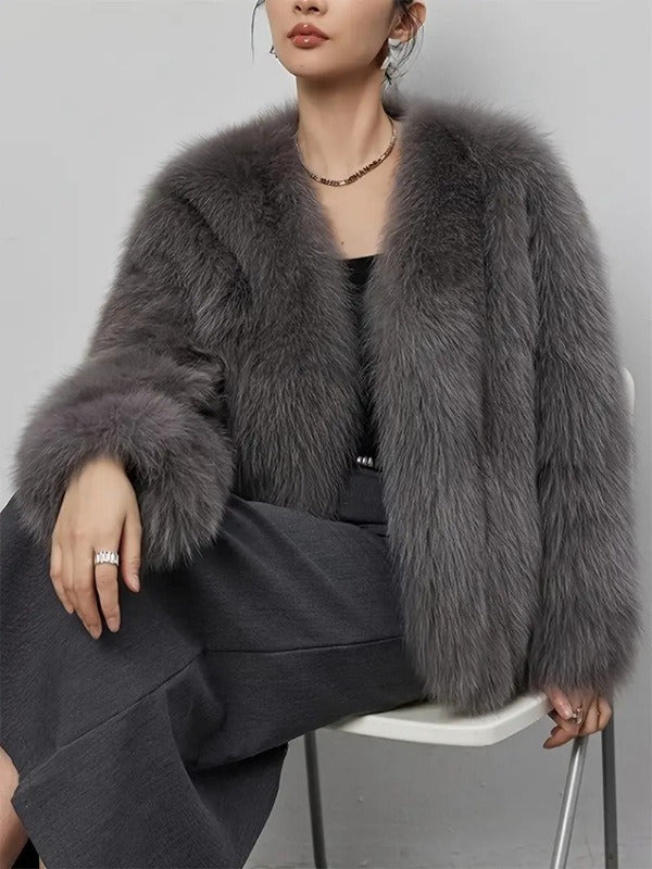 Women鈥檚 Fluffy Faux Fur Long Sleeves Winter Warm Cropped Jackets