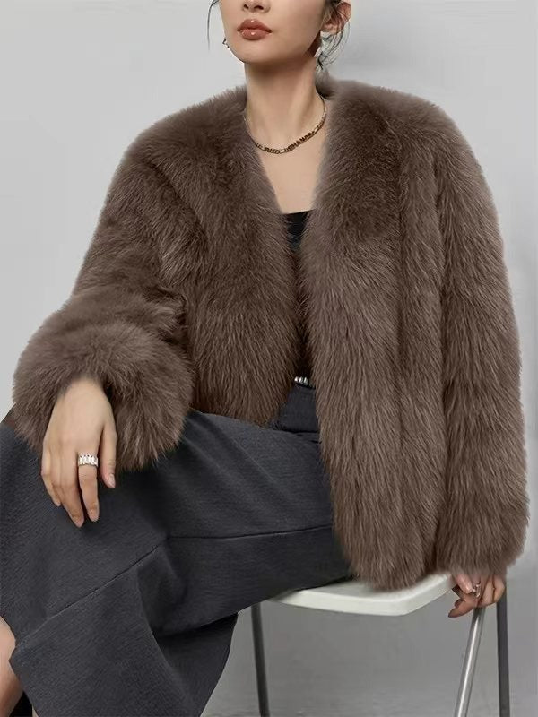 Women鈥檚 Fluffy Faux Fur Long Sleeves Winter Warm Cropped Jackets
