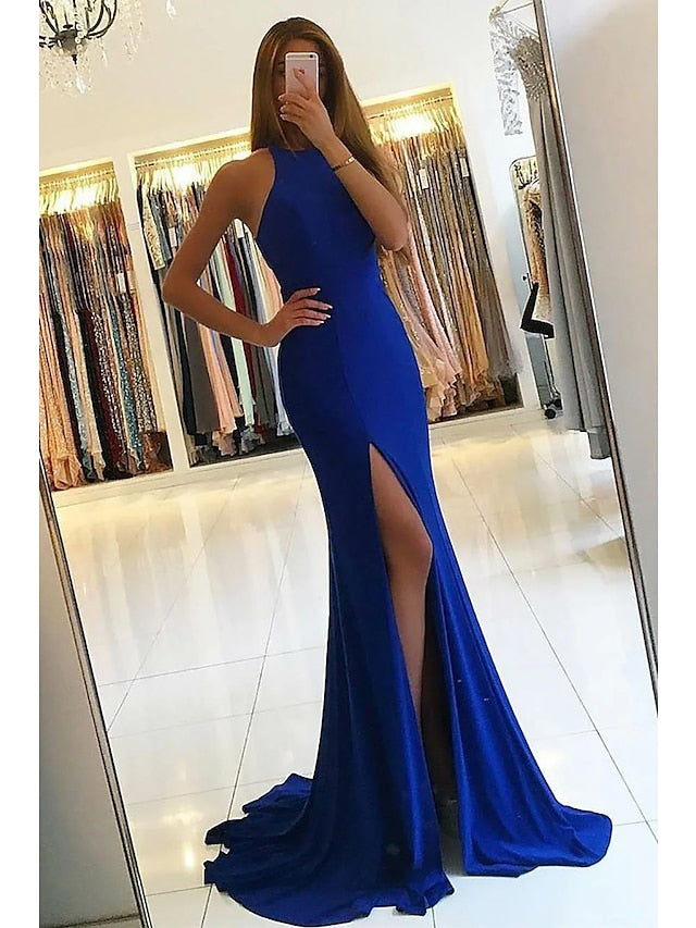 Trumpet/Mermaid High Neck Evening Dresses Floor-Length Prom Party Dress With Split Side
