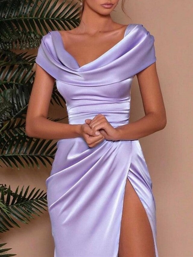 Sheath/Column V-Neck Evening Dresses Satin Floor-length Prom Party Dresses With Split Side