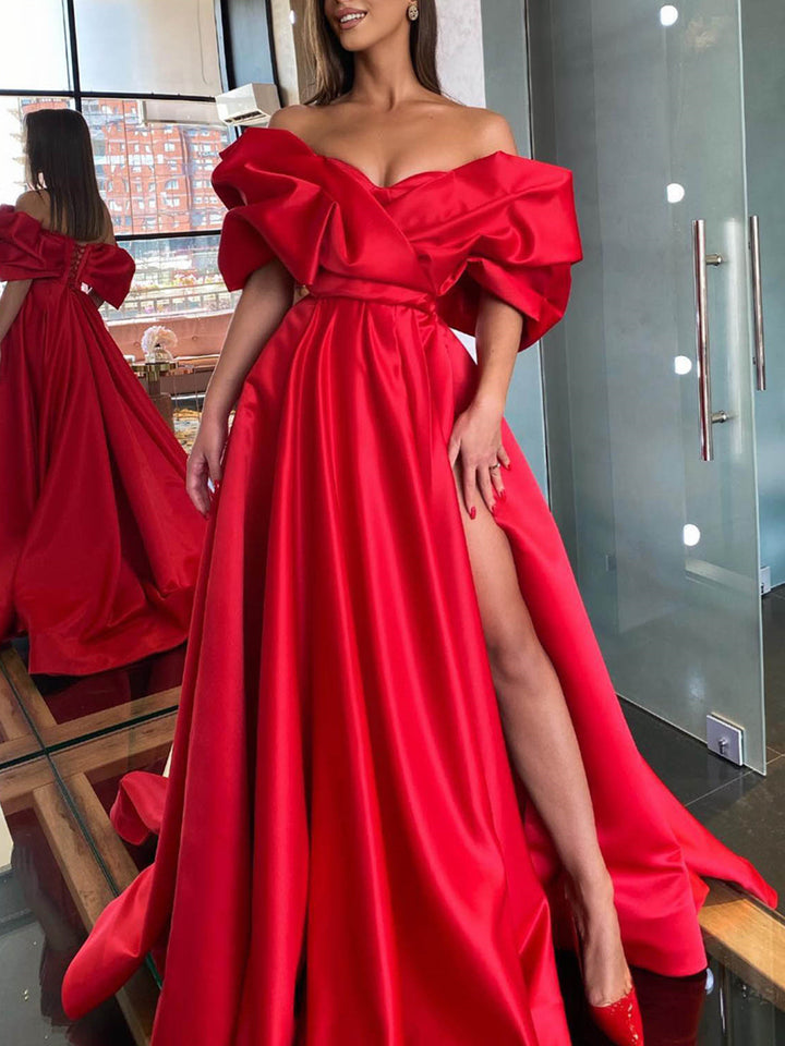A-Line/Princess Off-the-Shoulder Evening Dresses Floor-length Prom Party With Split Side