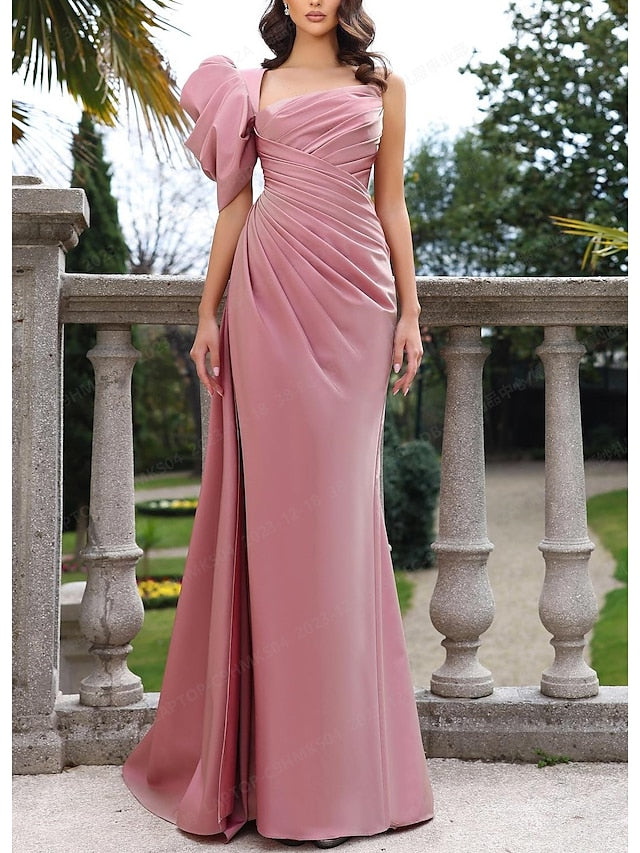 Sheath/Column One-Shoulder Evening Dresses Sleeveless Floor-length With Ruffles