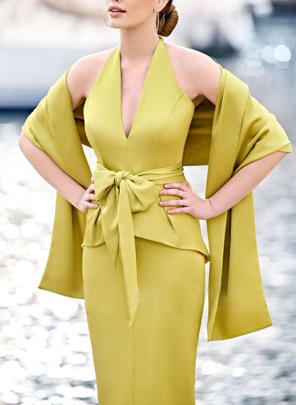 Sheath/Column Halter Sleeveless Tea-Length Cocktail Dresses with Bowknot