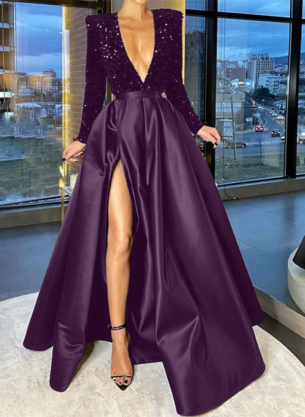 A-Line/Princess V-Neck Evening Dresses With Split Side & Sequins