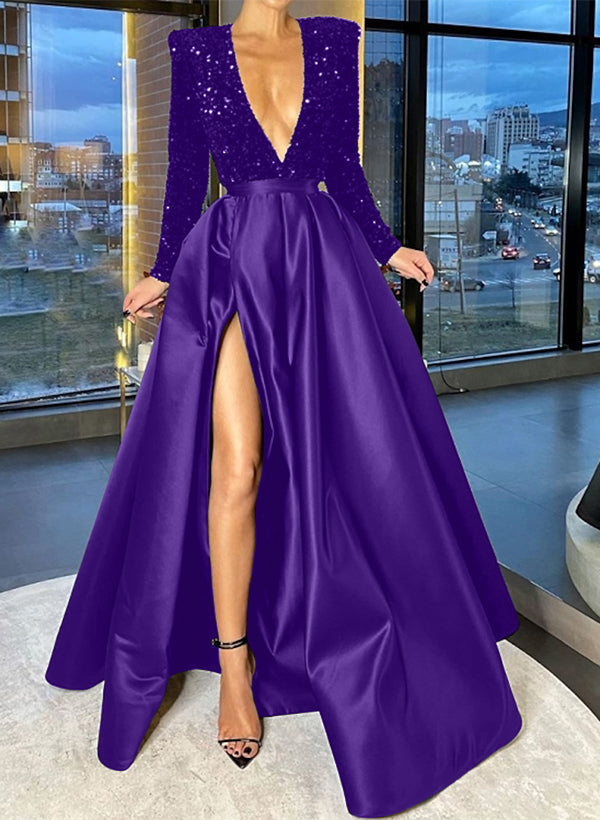 A-Line/Princess V-Neck Evening Dresses With Split Side & Sequins