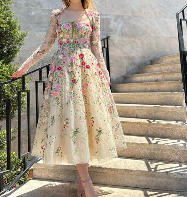 A-Line/Princess Formal Cocktail Dresses Scoop Long Sleeves Tulle Lace Floor-Length With Floar