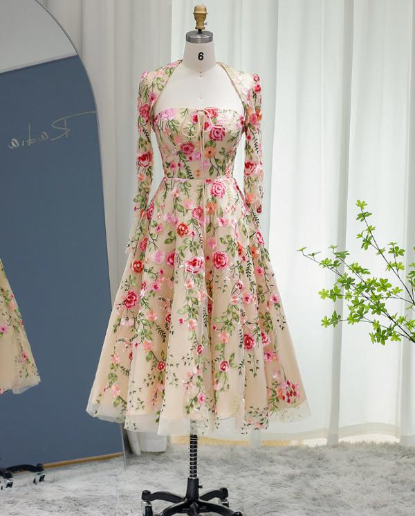 A-Line/Princess Formal Cocktail Dresses Scoop Long Sleeves Tulle Lace Floor-Length With Floar