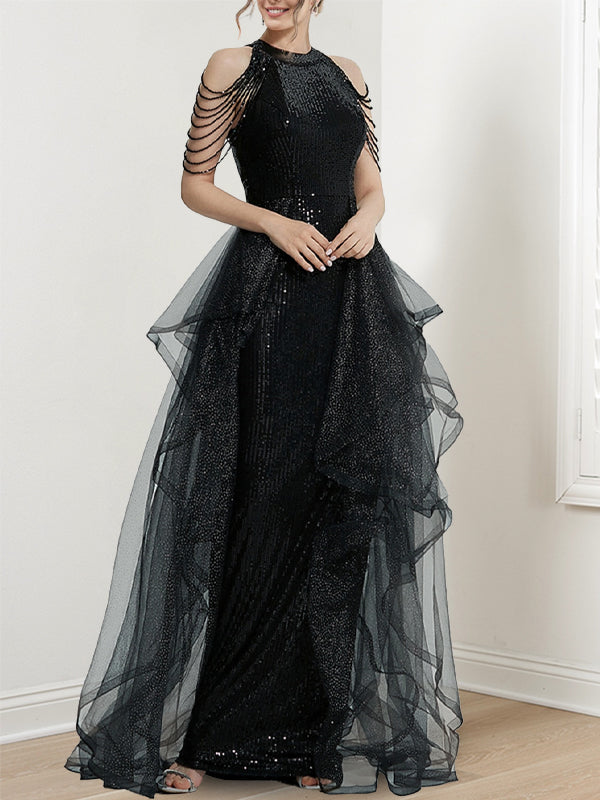 A-Line/Princess Halter Long Formal Dresses With Ruffles & Sequins