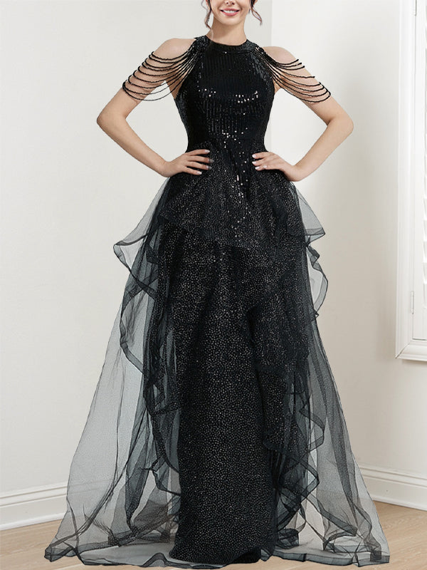 A-Line/Princess Halter Long Formal Dresses With Ruffles & Sequins